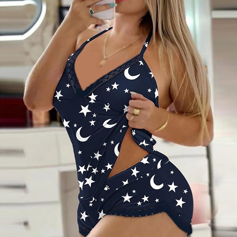 פיג׳מת גופייה ומכנסון עם שולי תחרה – תמונה 4